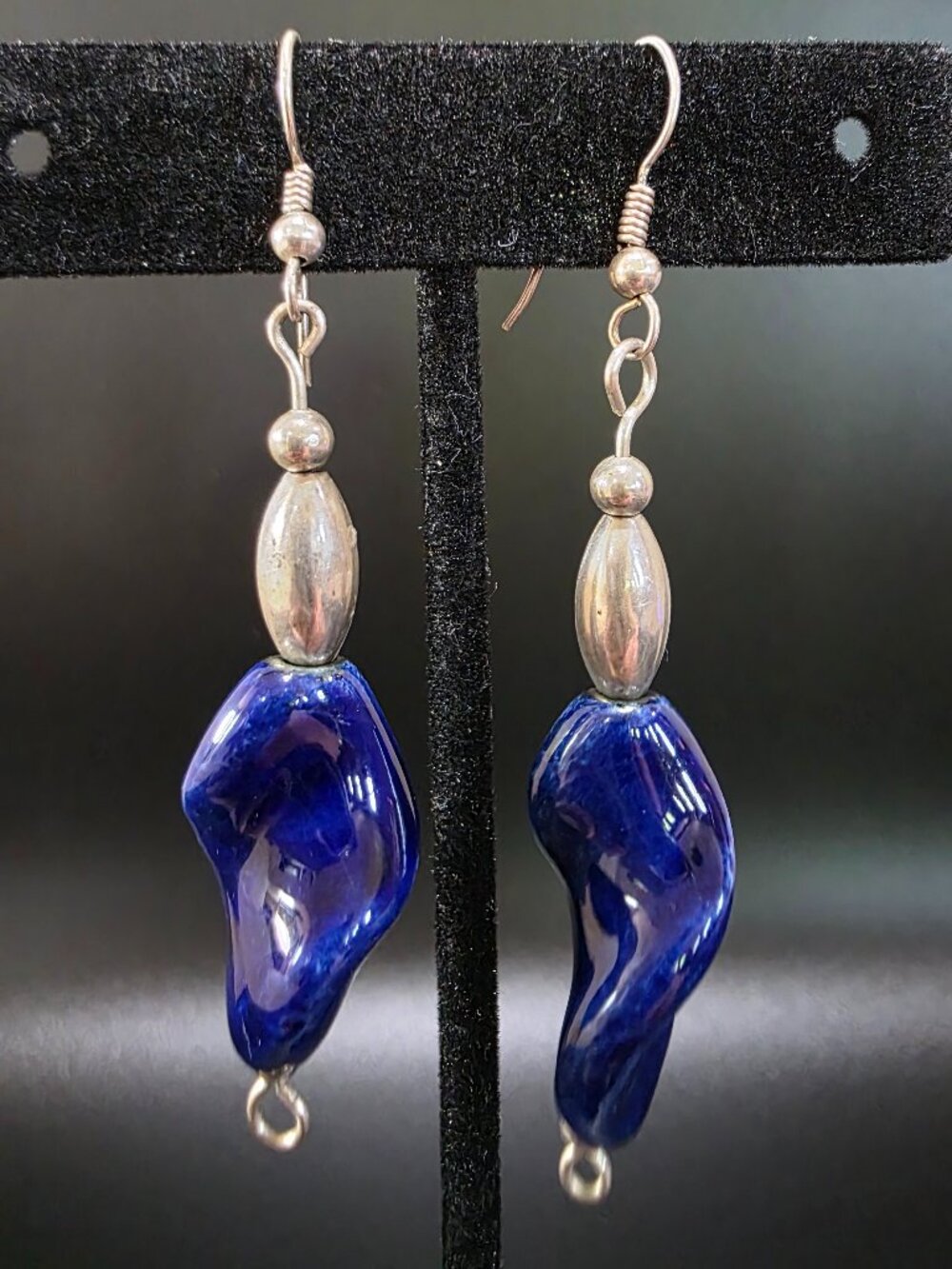 VTG Handmade Cobalt Blue Ceramic Pottery Bead Sterling Silver Dangle Earrings